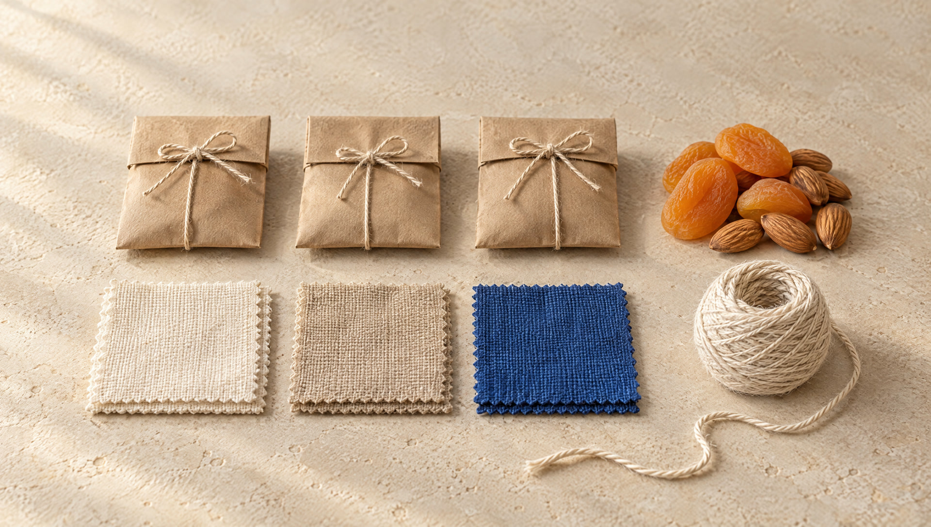 Kraft paper sample pouches and cotton fabric swatches laid out for inspection